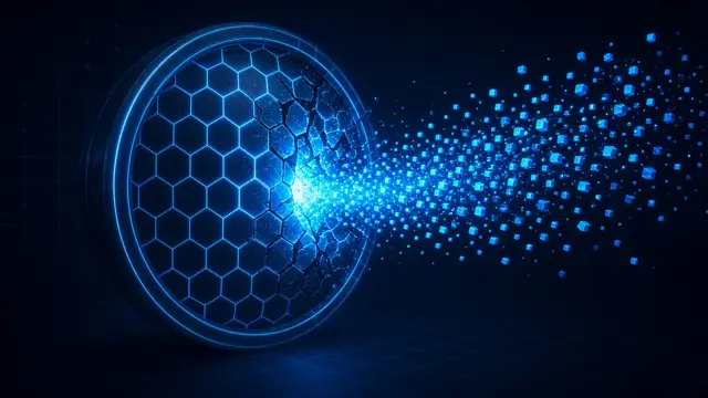 Abstract illustration: a glowing hexagonal vault door cracking open as small luminous cubes stream outward